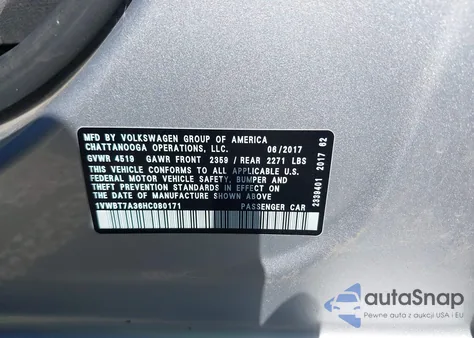 2017 Volkswagen Passat 1.8T Se from USA, damaged, VIN 1VWBT7A36HC080171